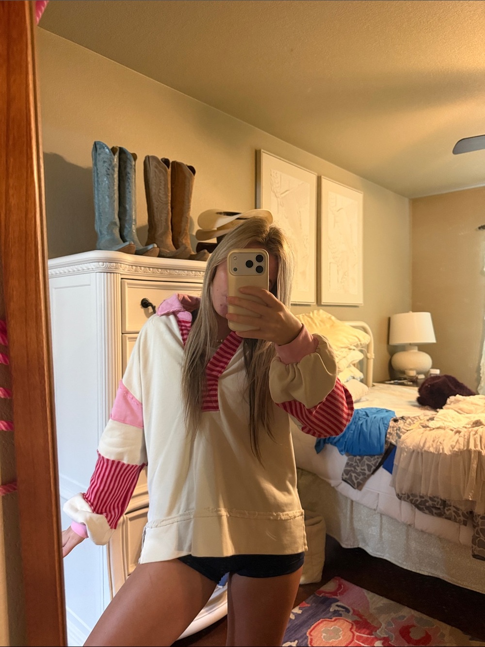 entro Cream Hoodie with Pink Striped Accents